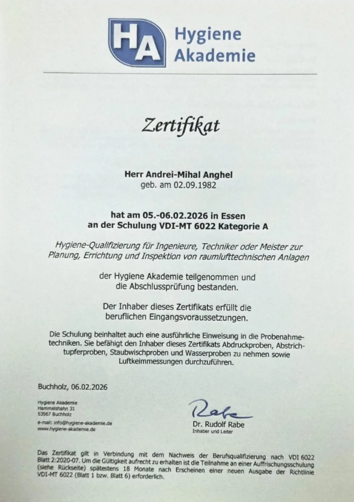 Zertifikat VDI-MT 6022 Kategorie A der Hygiene Akademie